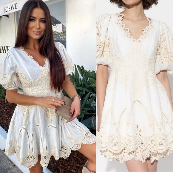 ZIMMERMANN Tiggy Embroidered Linen Puff Sleeve Mini Dress - Picture 2 of 12